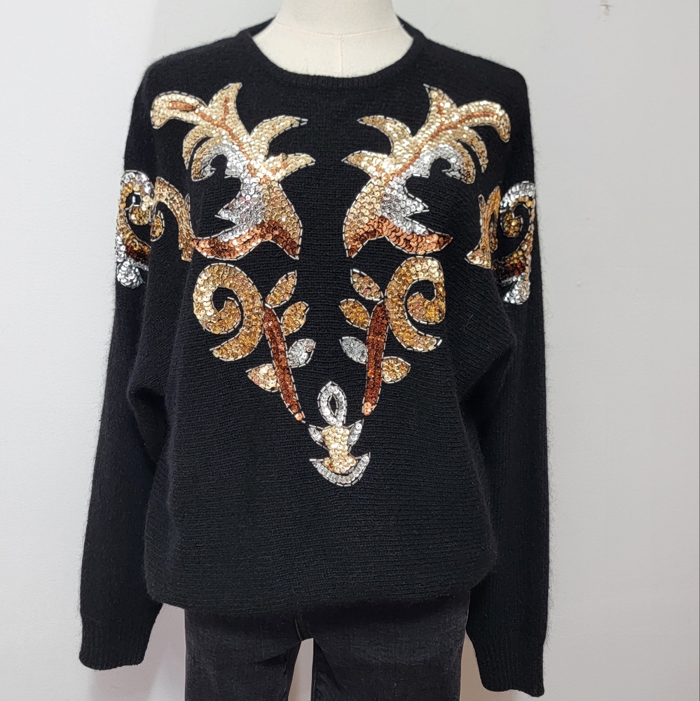 Vintage Sequin Black Gold Sweater Medium Artsy Silk Angora 80s Glam